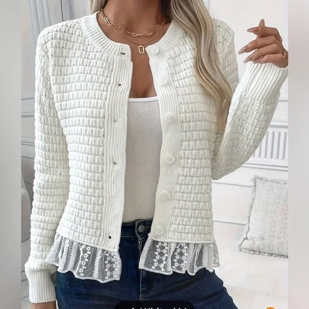 Elegant White Knit Sweater with Lace Trim